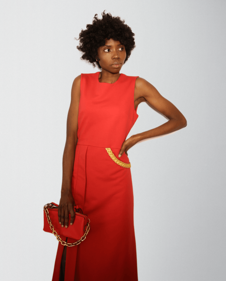 Luxury cotton dress with gold metallic braid trim - Baleni