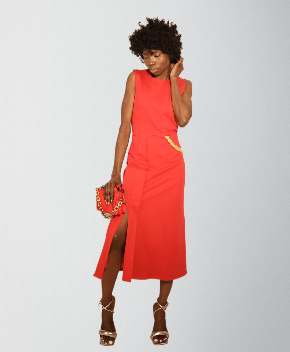 Luxury cotton dress with gold metallic braid trim - Baleni