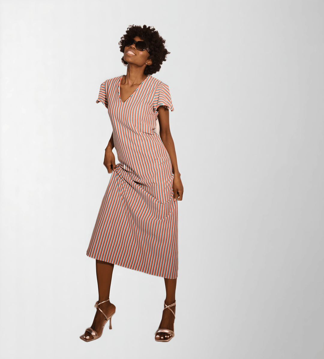 Narrow stripe cotton elastane jersey lurex dress - Baleni