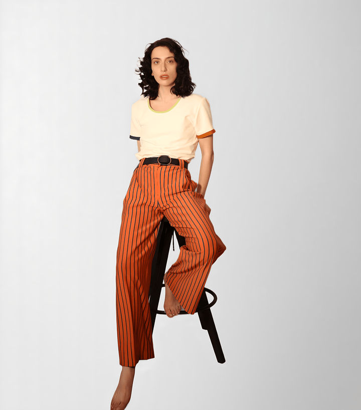 Wide-Leg Striped Cotton Trousers