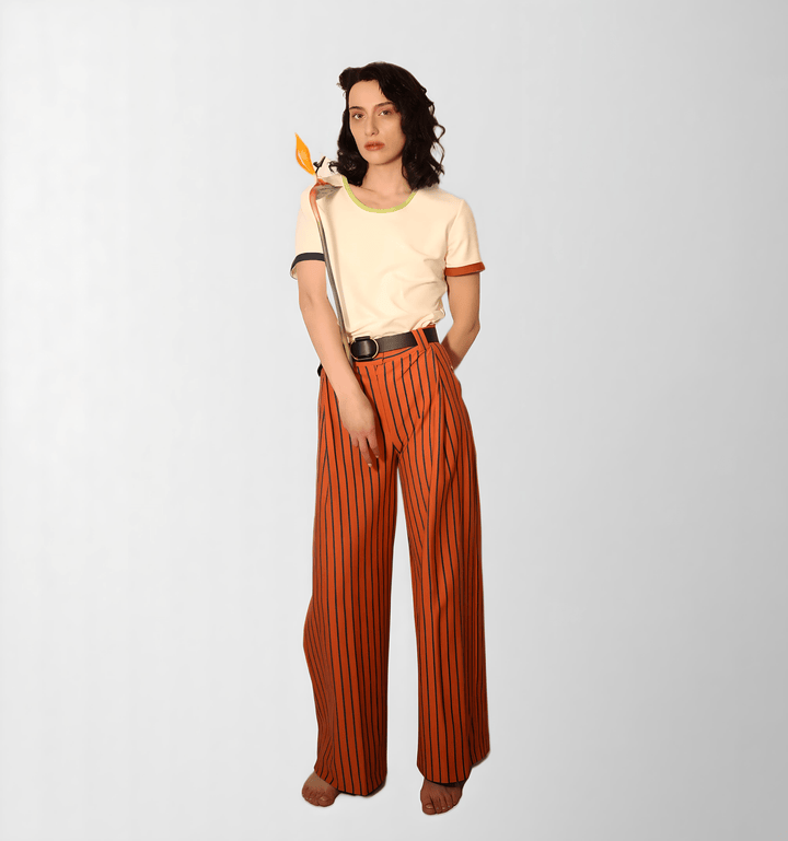 Wide-Leg Striped Cotton Trousers