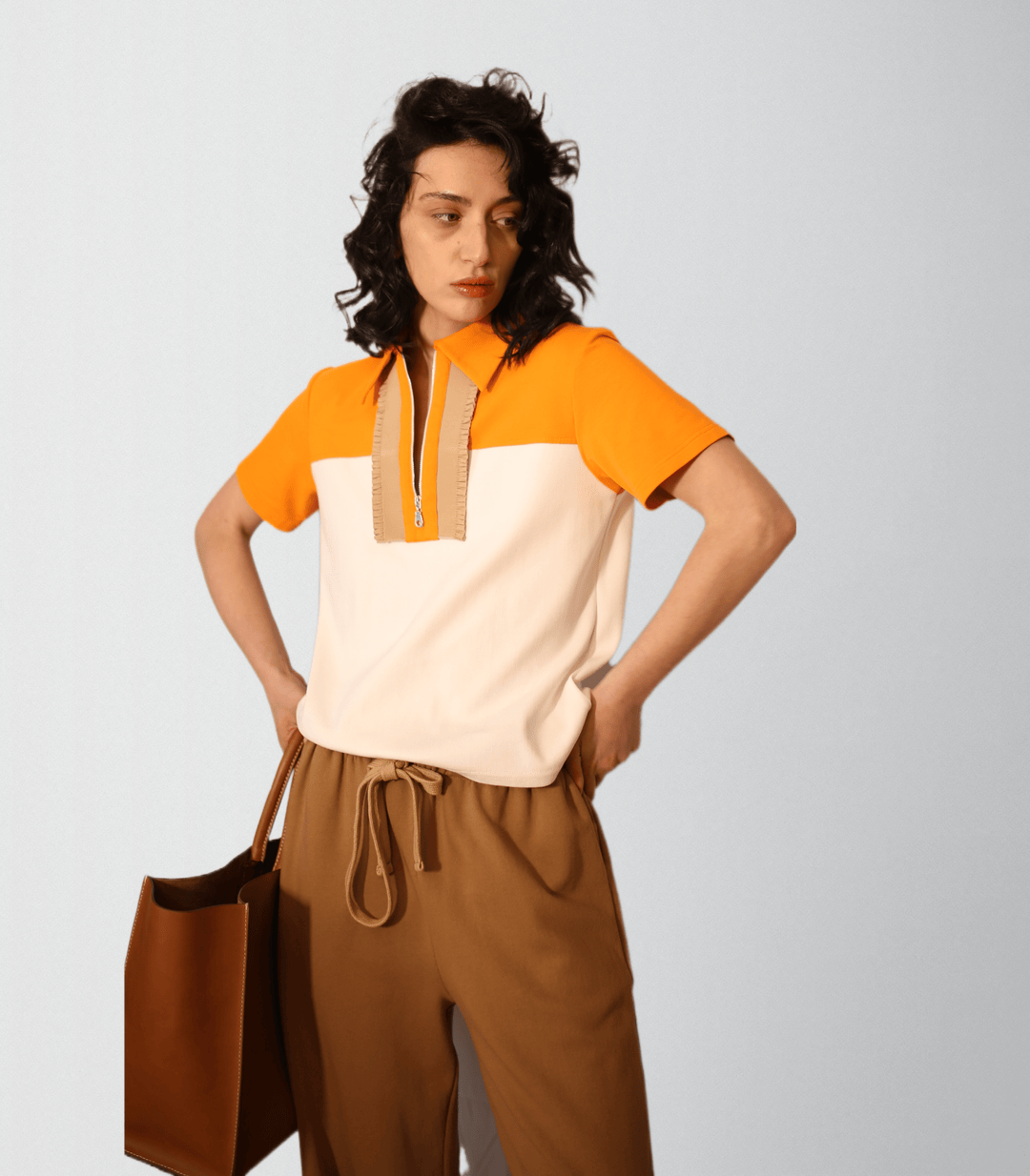 Cotton polo with zipper & ruffle trim - Baleni