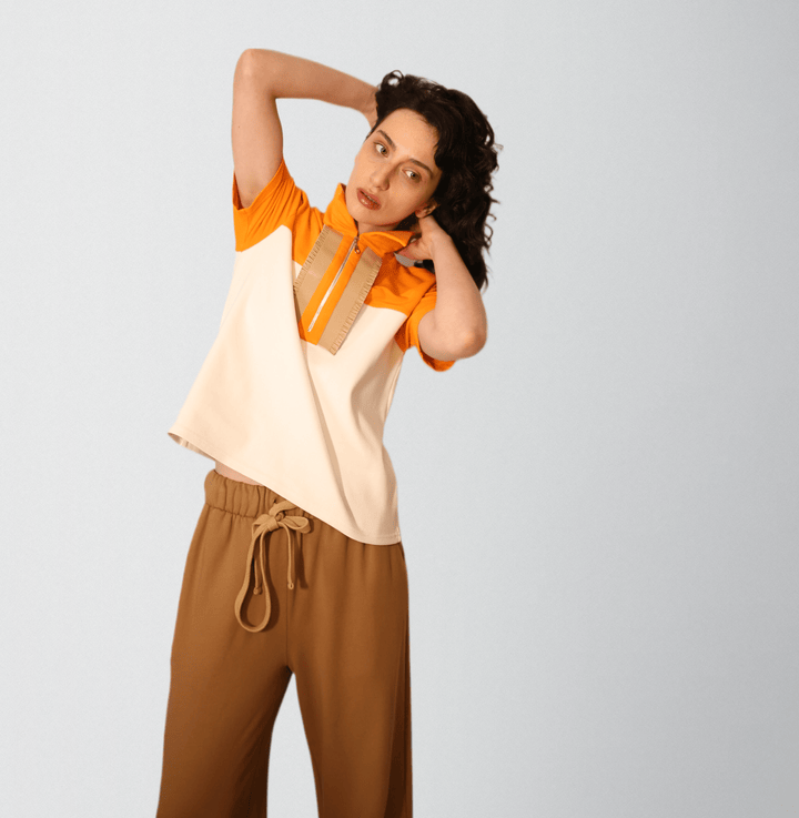 Cotton polo with zipper & ruffle trim - Baleni