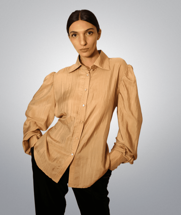 Hand dyed natural mulberry silk elegant shirt with ivory pearl vintage buttons - Baleni