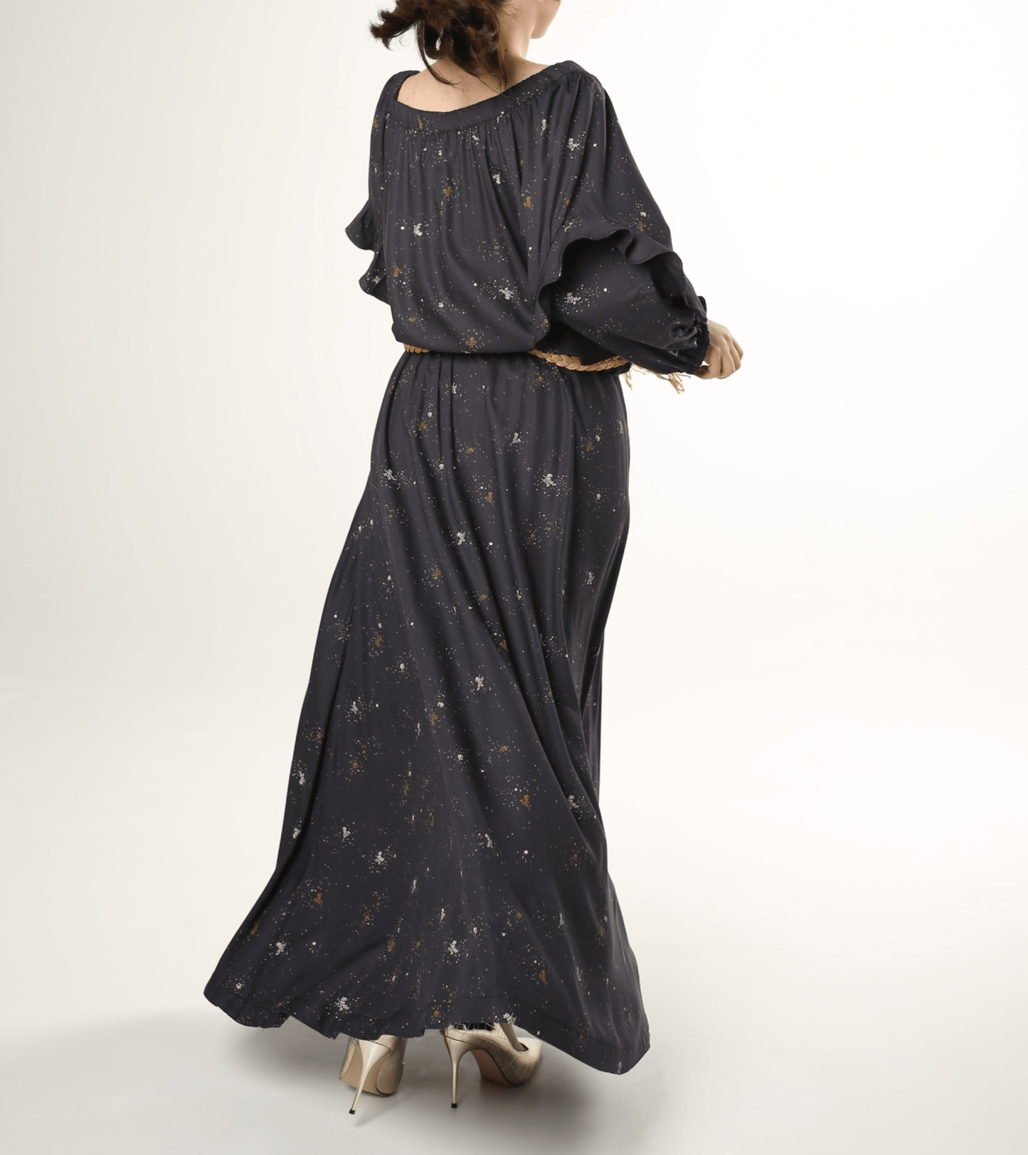 Skirt ensemble with gold metallic braid trim