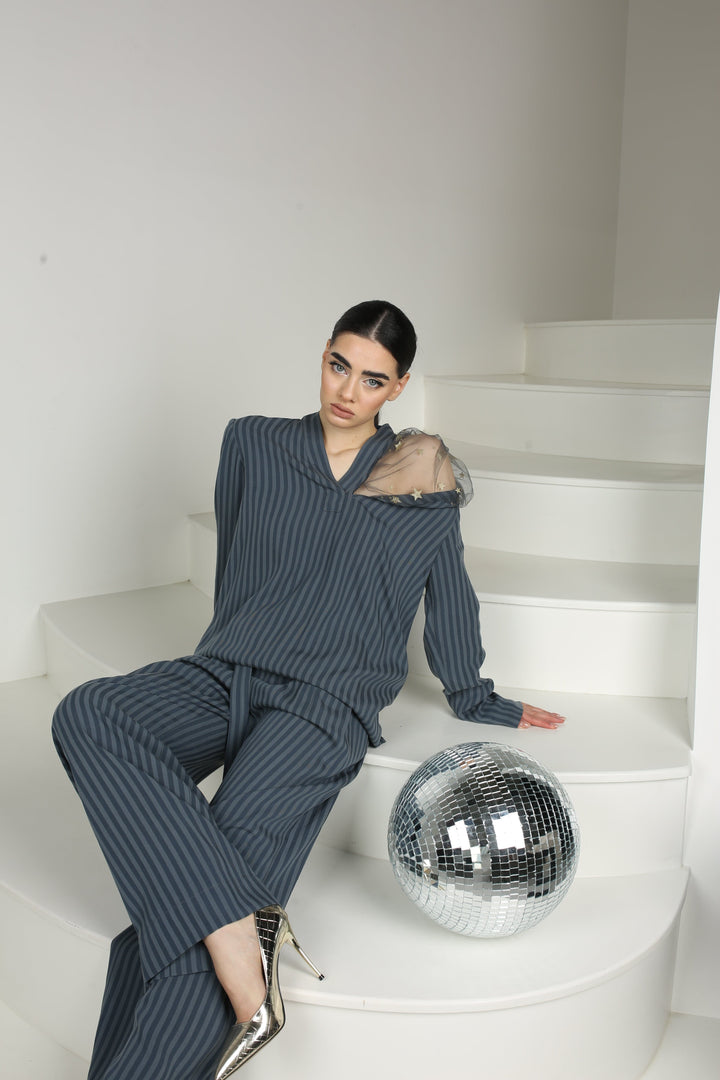 High quality striped woven pants ensemble with luxurious starry tulle - Baleni