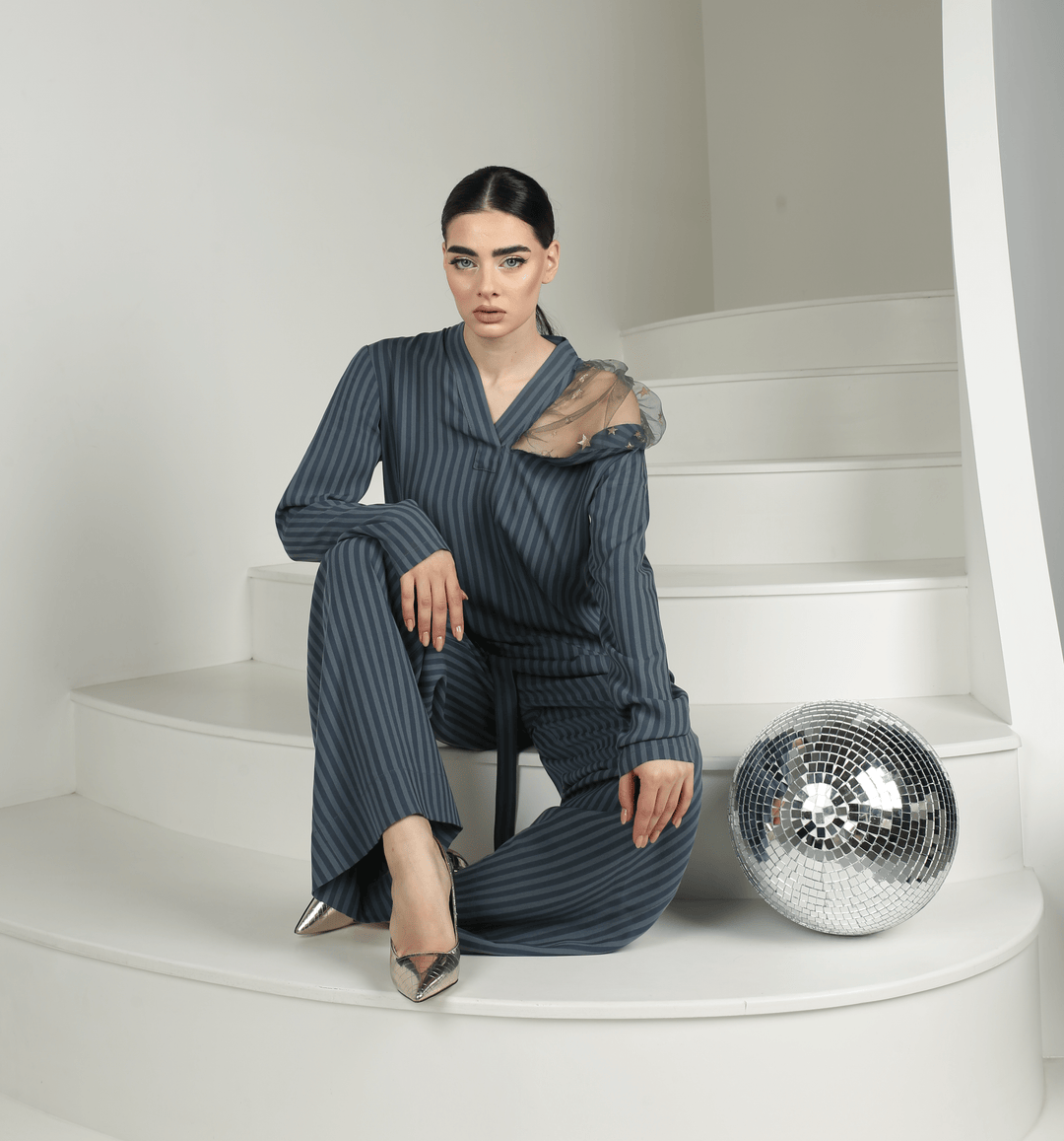 High quality striped woven pants ensemble with luxurious starry tulle - Baleni
