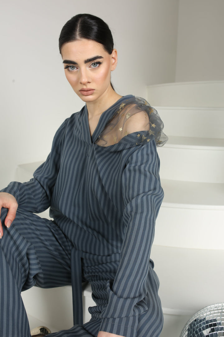 High quality striped woven pants ensemble with luxurious starry tulle - Baleni