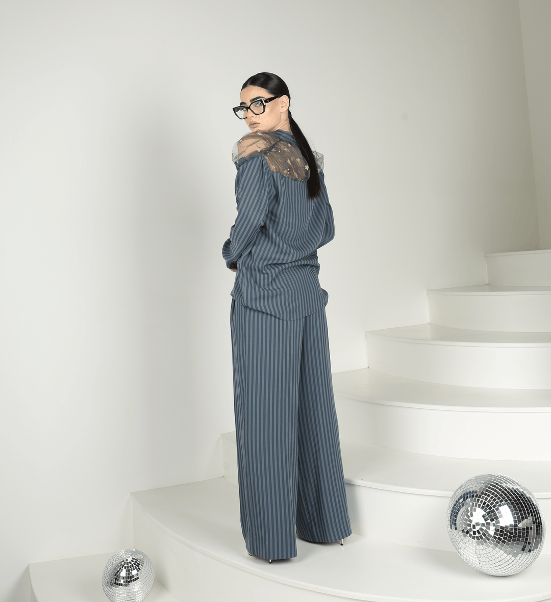 High quality striped woven pants ensemble with luxurious starry tulle - Baleni