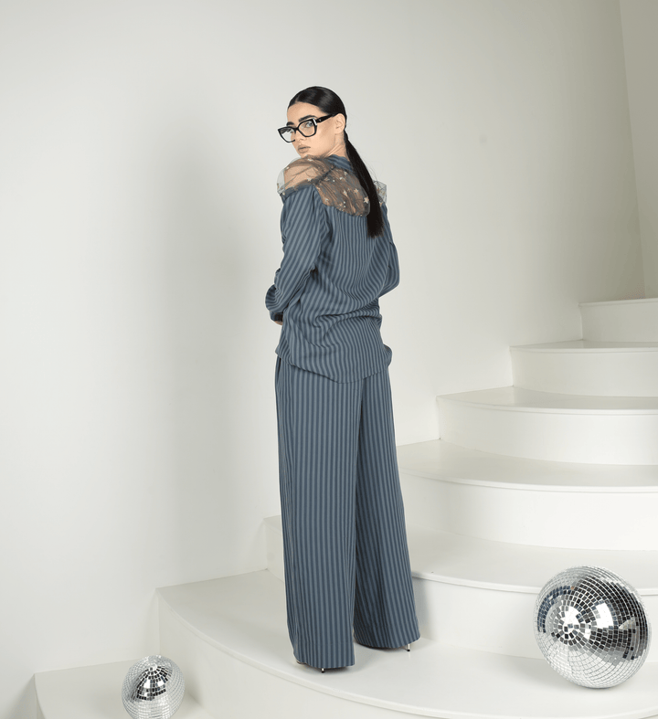 High quality striped woven pants ensemble with luxurious starry tulle - Baleni