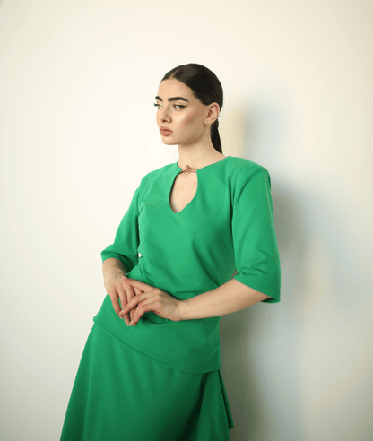 Cotton green elegant skirt ensemble with gold satin frog closure - Baleni