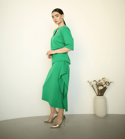 Cotton green elegant skirt ensemble with gold satin frog closure - Baleni