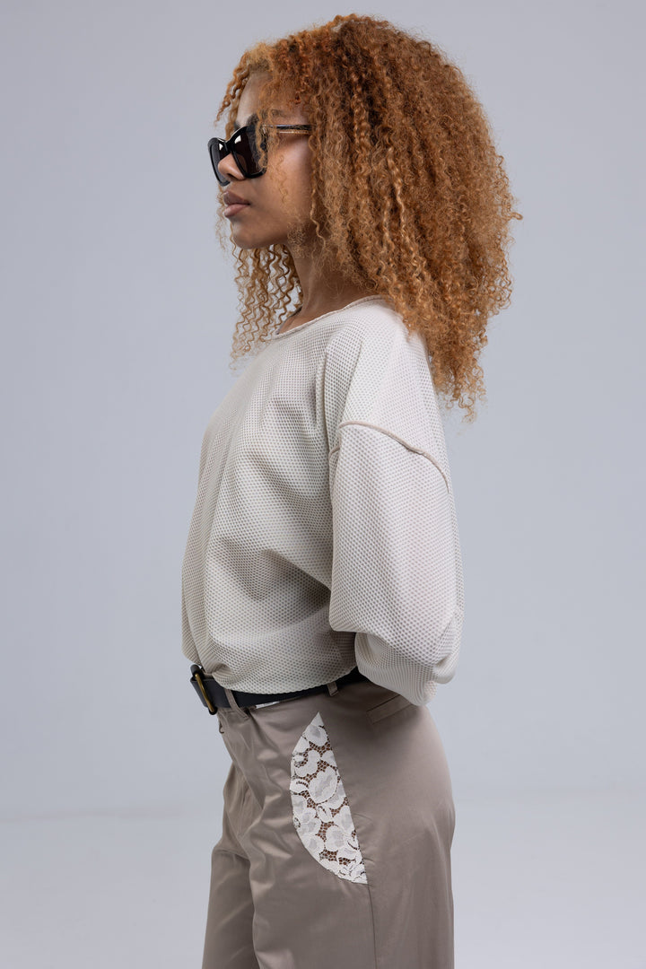 Mesh Boat-Neck Woven Organic Cotton Blouse