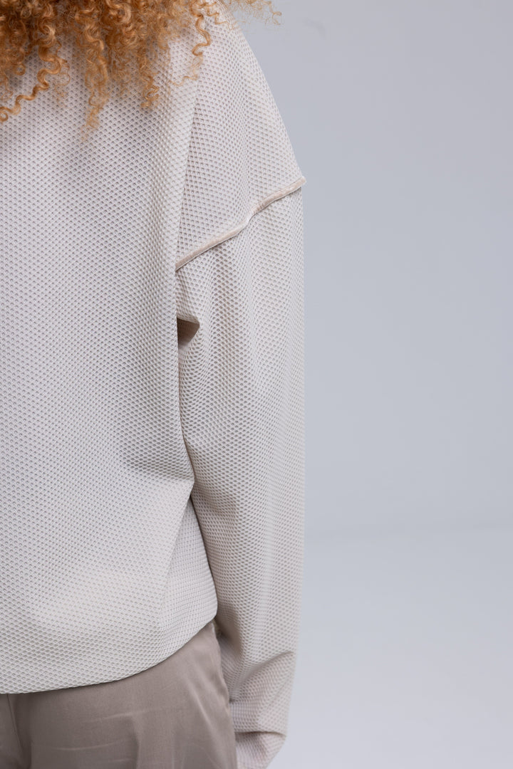 Mesh Boat-Neck Woven Organic Cotton Blouse