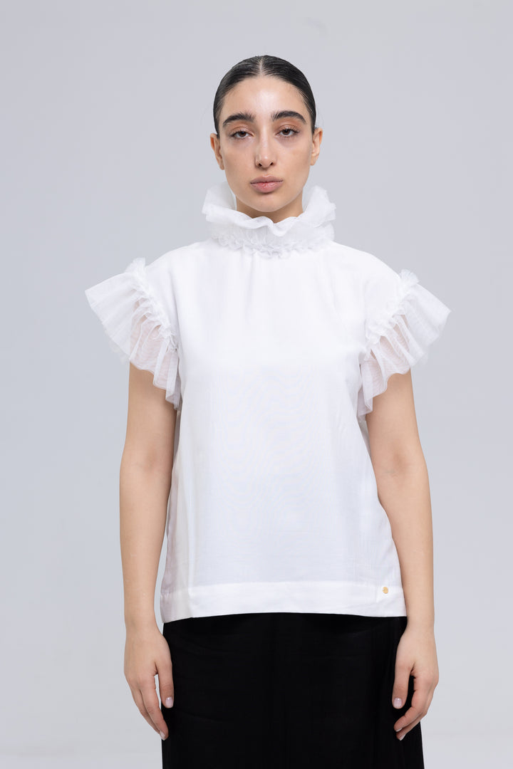 Silk Linen Frilled Lace Blouse