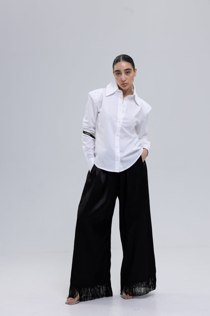 Viscose Satin Wide-Leg Fringed Pants