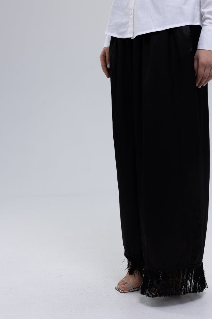 Viscose Satin Wide-Leg Fringed Pants