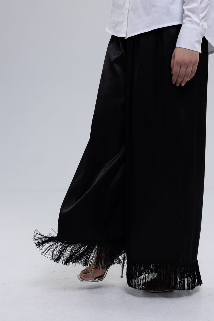 Viscose Satin Wide-Leg Fringed Pants