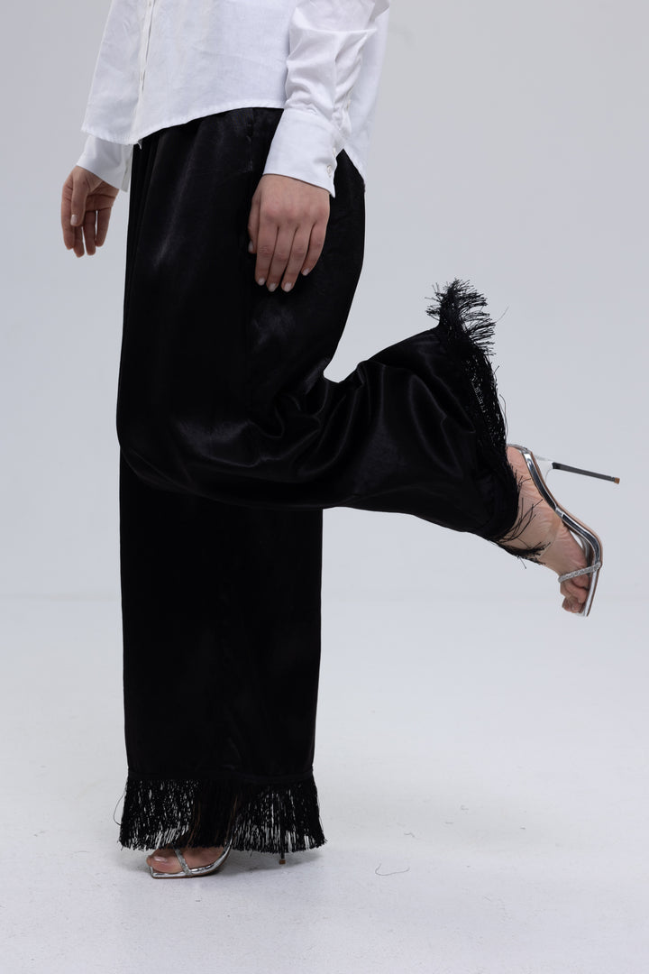 Viscose Satin Wide-Leg Fringed Pants
