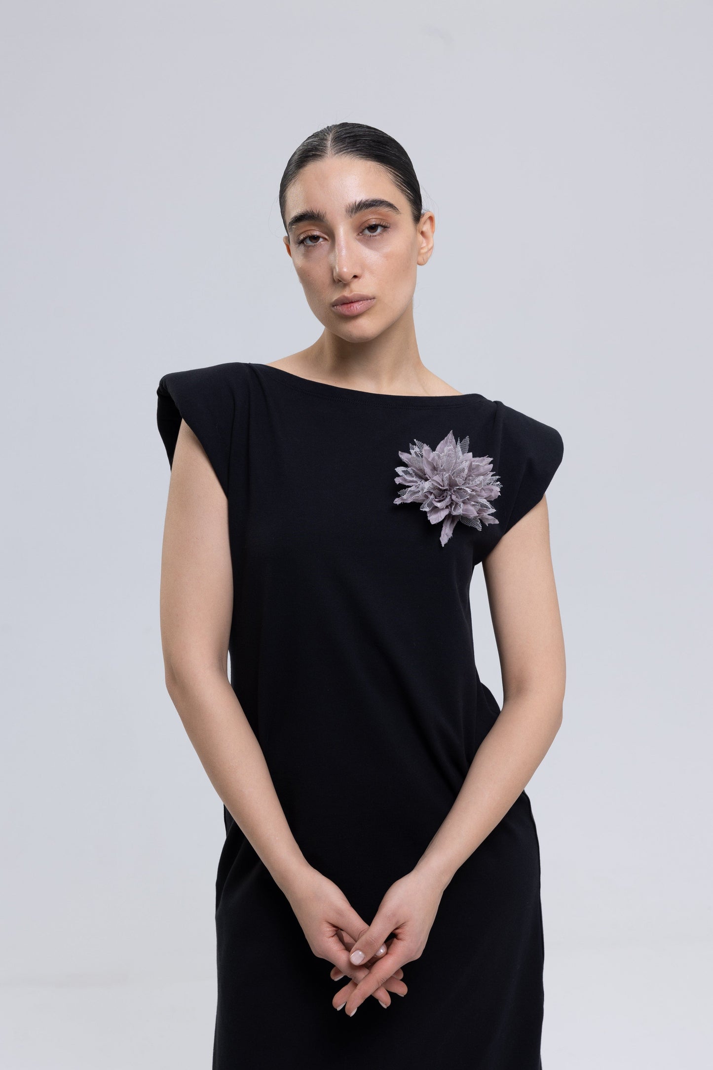 French terry cotton high quality dress with handmade flower