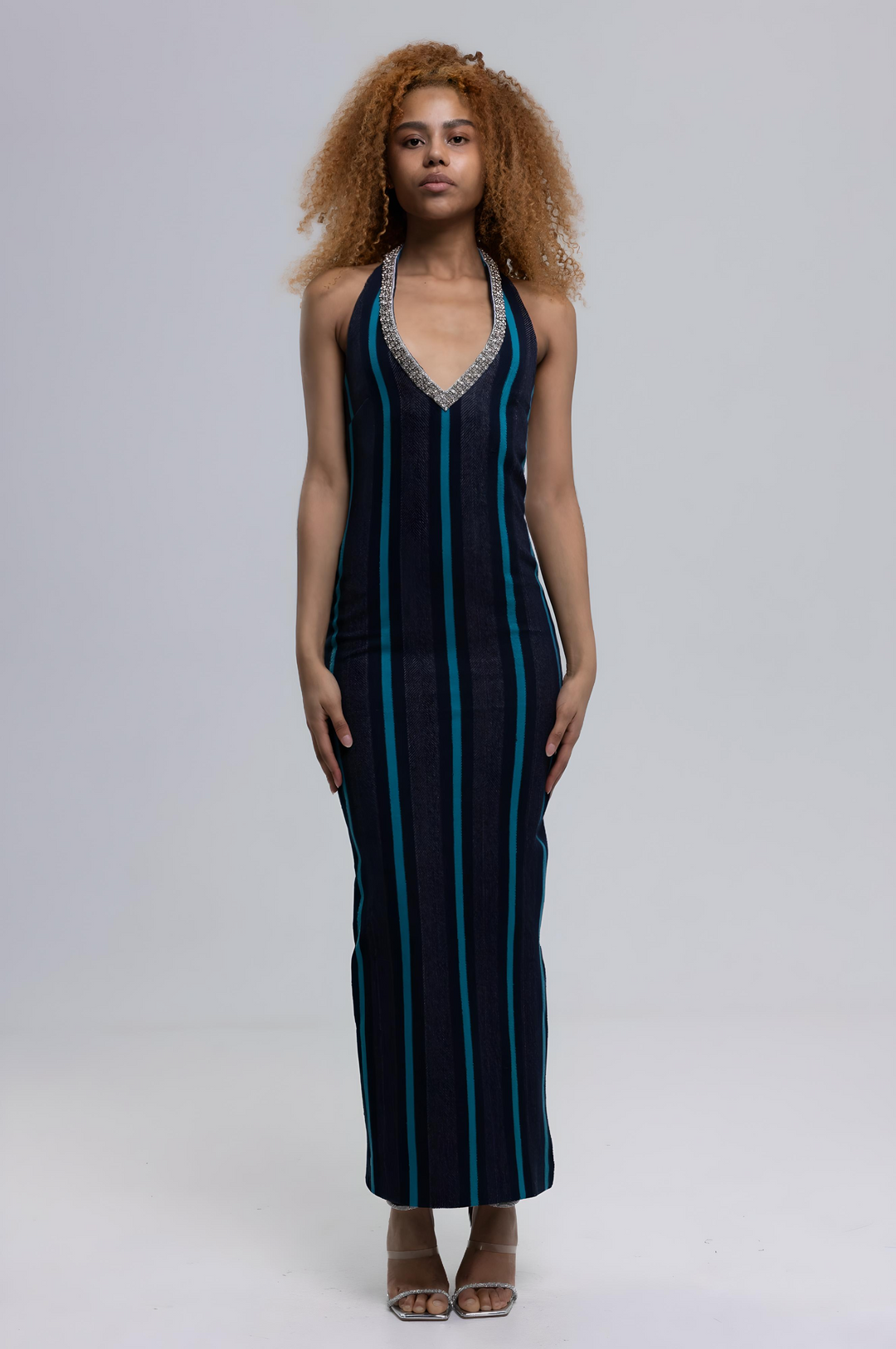 French Terry Striped Woven Maxi Dress