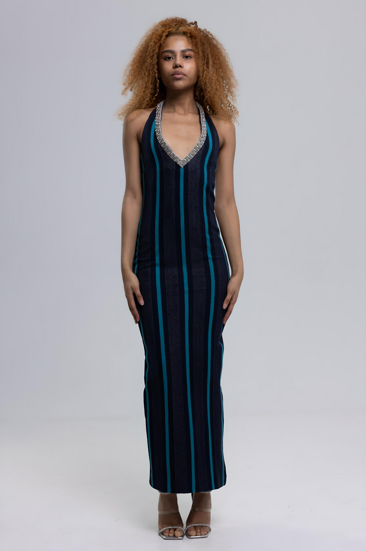 French Terry Striped Woven Maxi Dress