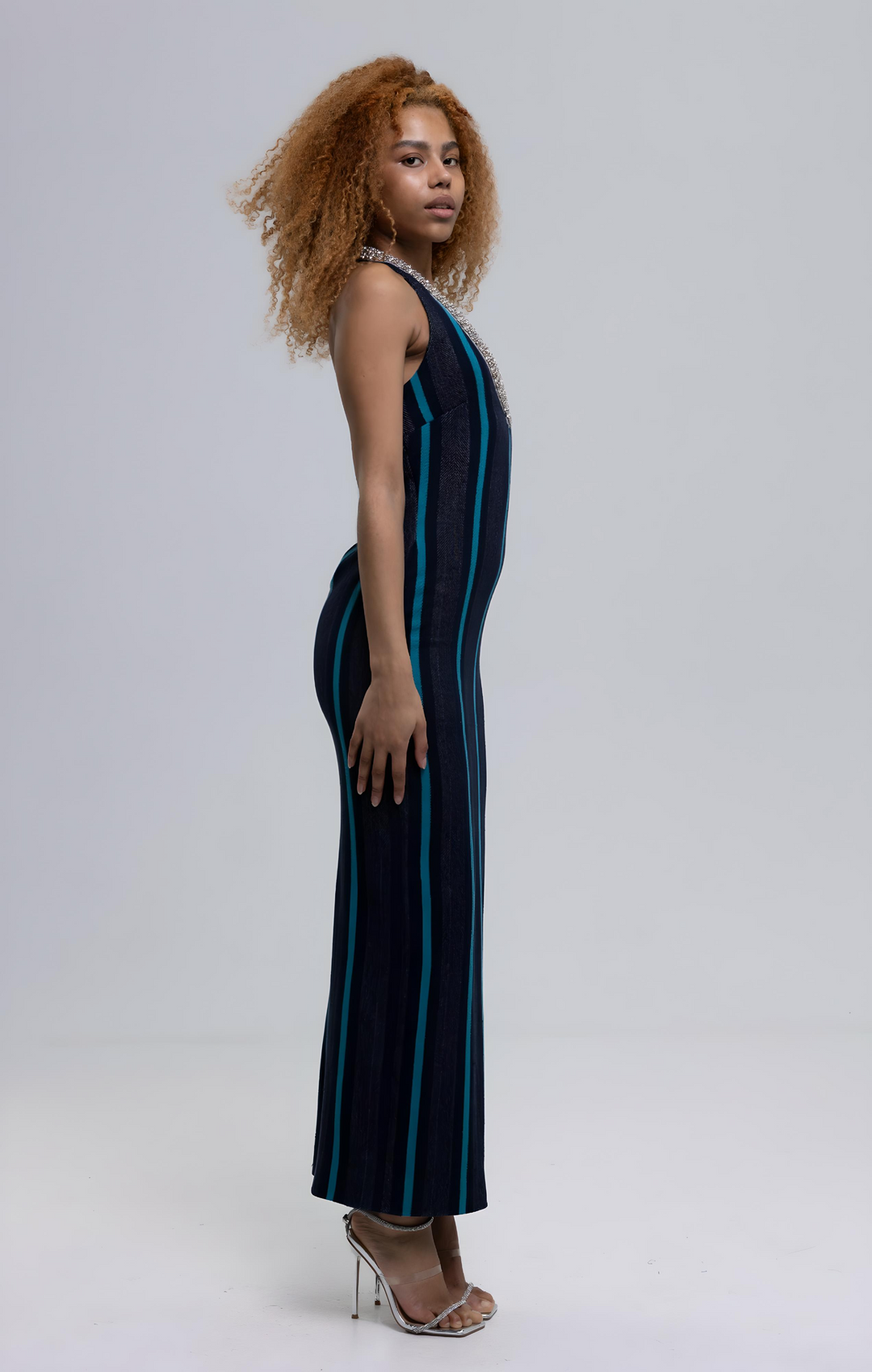 French Terry Striped Woven Maxi Dress