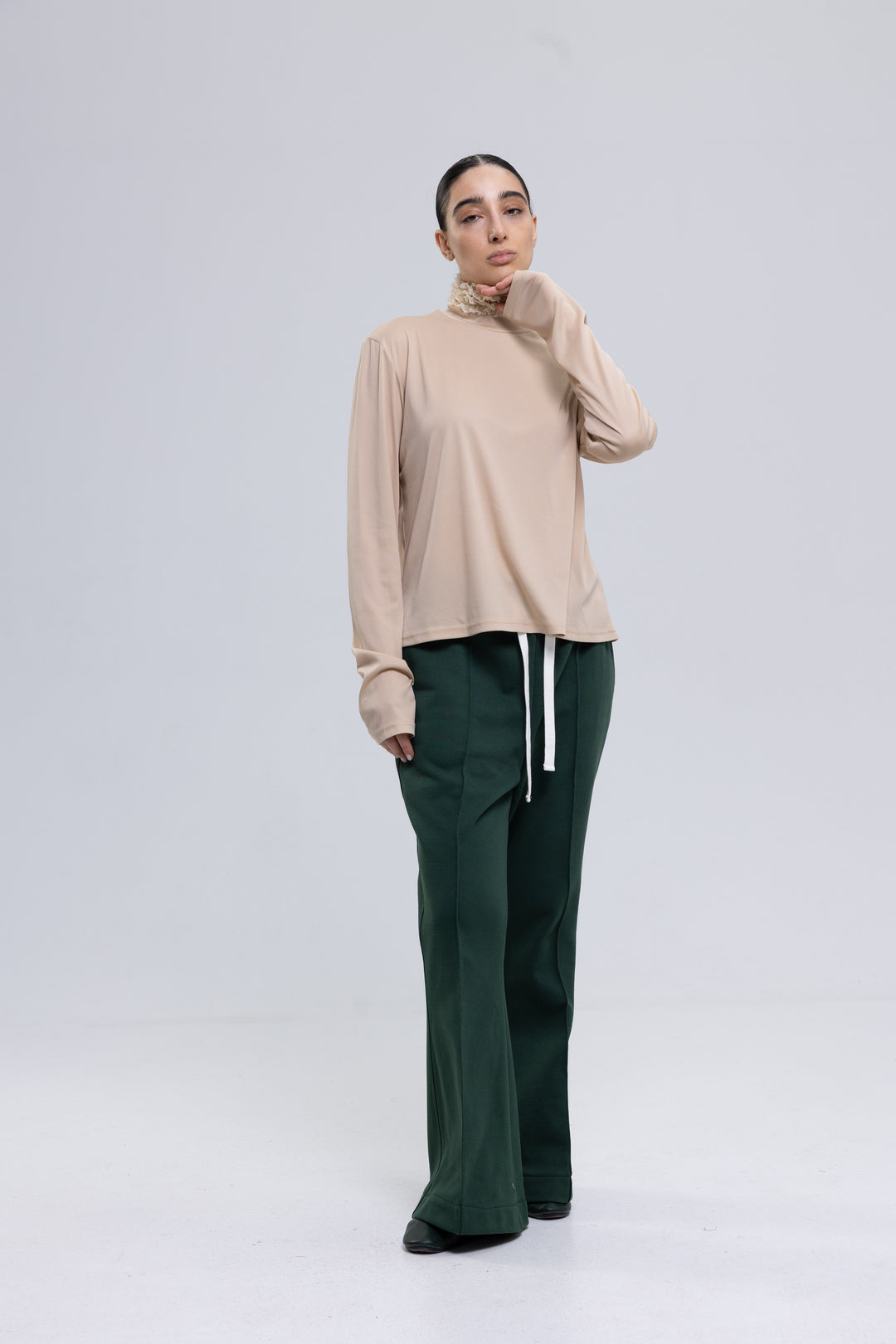 Lightweight Polyester Knit High-Neck Blouse