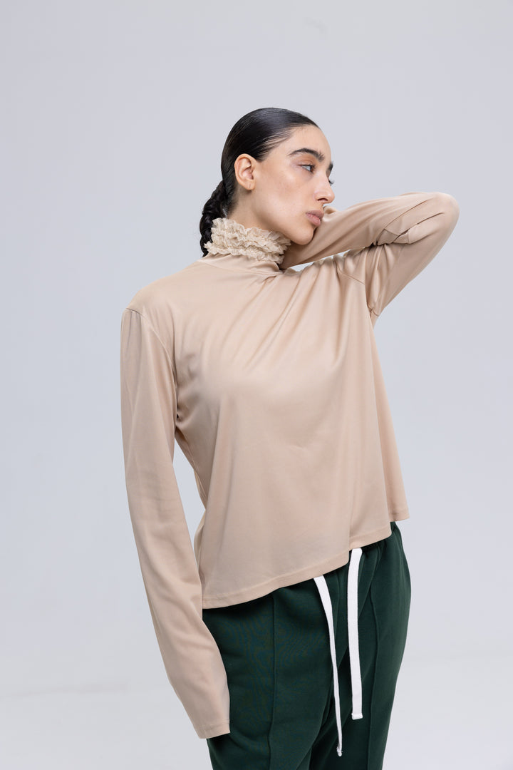 Lightweight Polyester Knit High-Neck Blouse