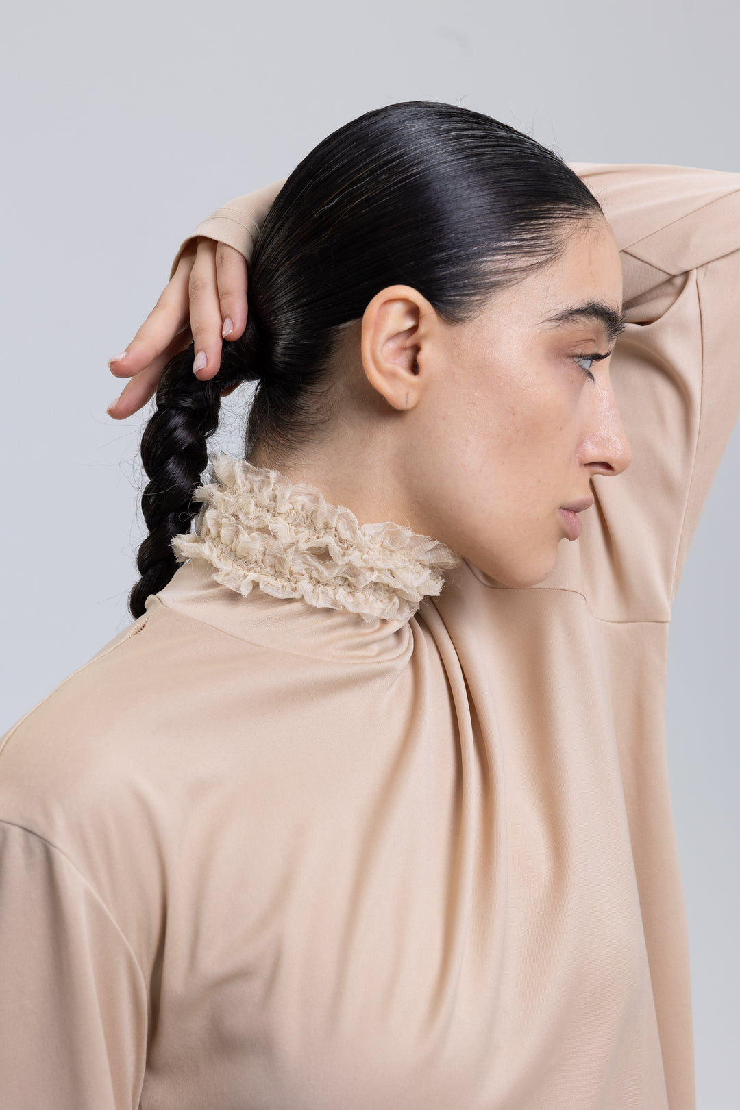 Lightweight Polyester Knit High-Neck Blouse