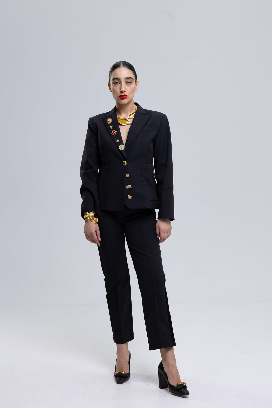 Single-Breasted Stretchy Slim-Cropped Trousers Ensemble