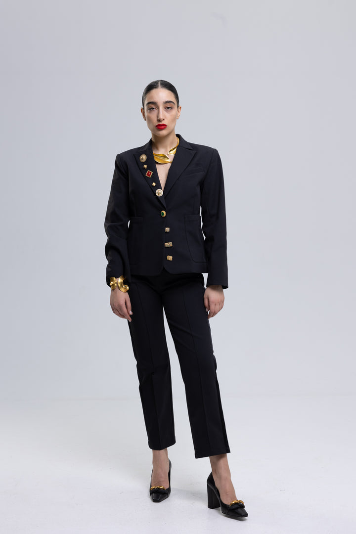 Single-Breasted Stretchy Slim-Cropped Trousers Ensemble