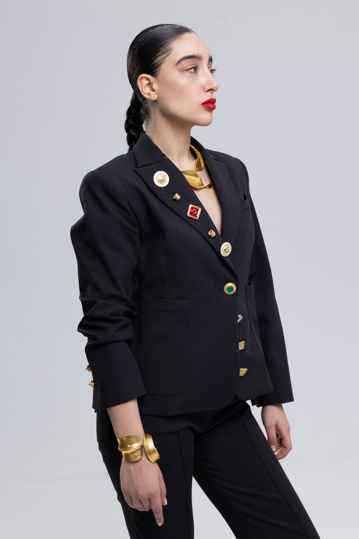 Single-Breasted Stretchy Slim-Cropped Trousers Ensemble