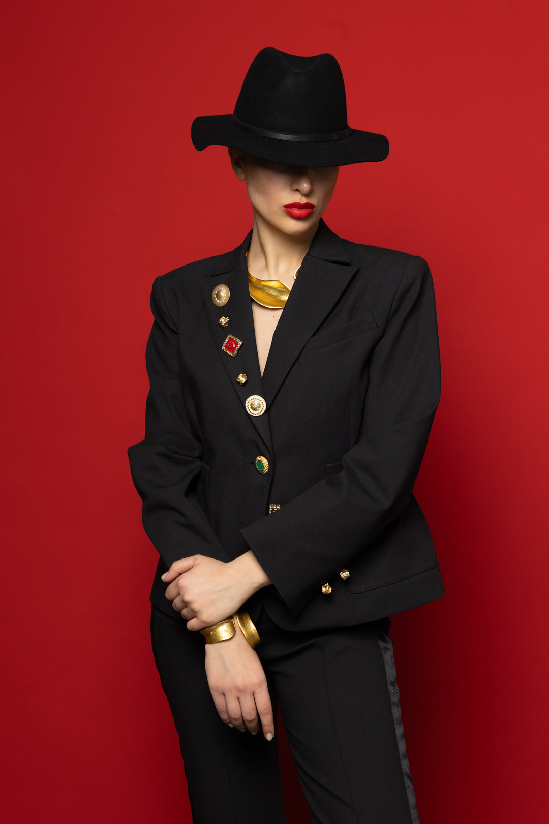 Single-Breasted Stretchy Slim-Cropped Trousers Ensemble