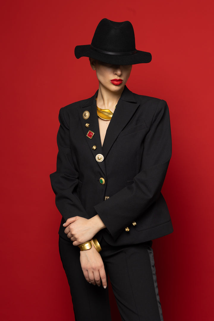 Single-Breasted Stretchy Slim-Cropped Trousers Ensemble