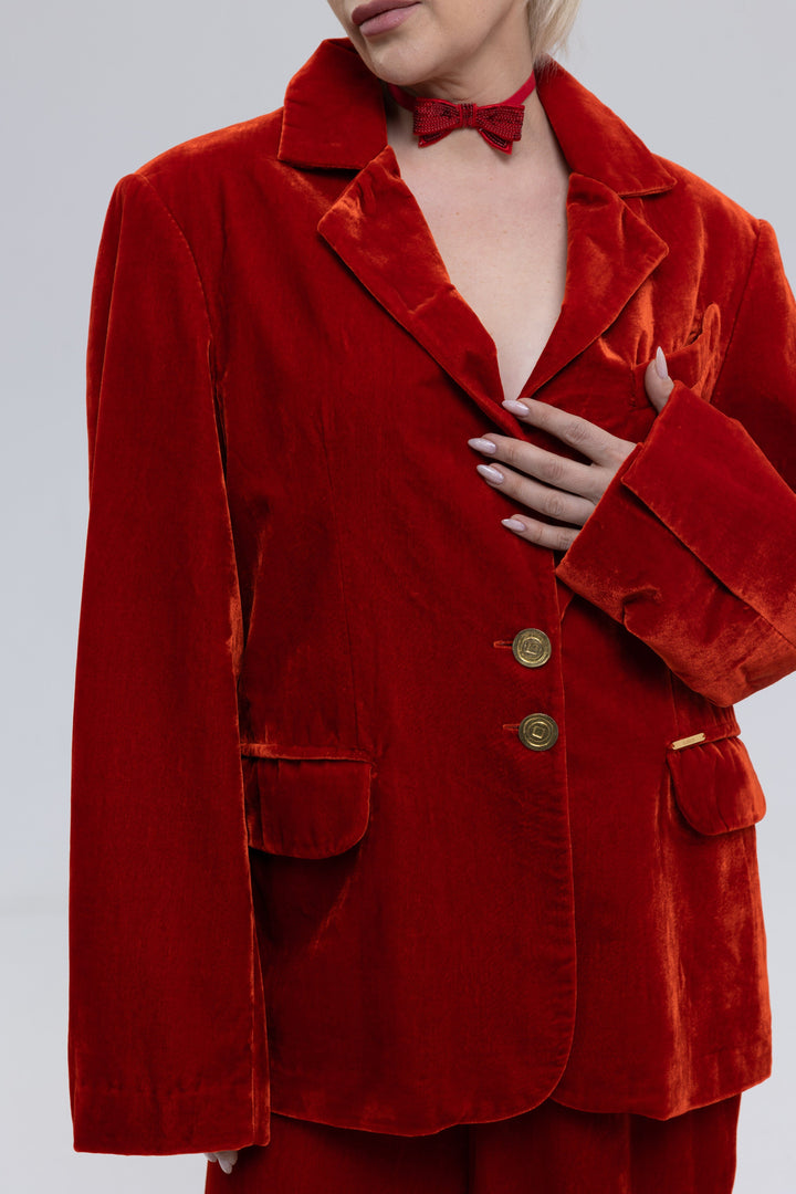 Single-Breasted Mulberry Silk Velvet Trousers Ensemble