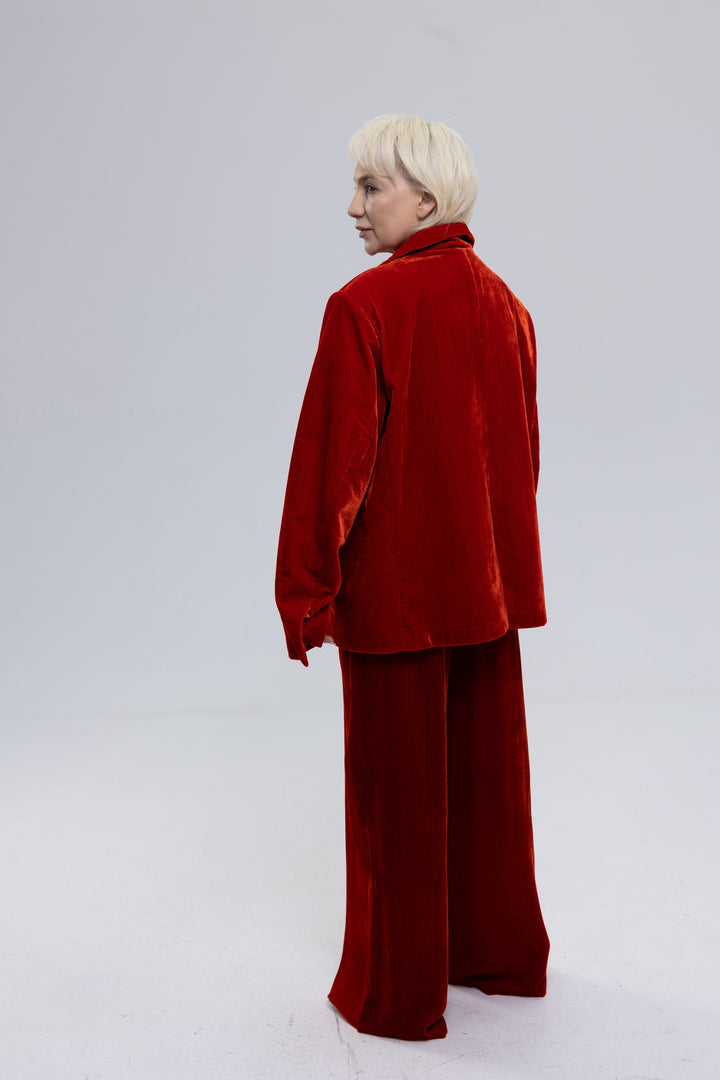 Single-Breasted Mulberry Silk Velvet Trousers Ensemble