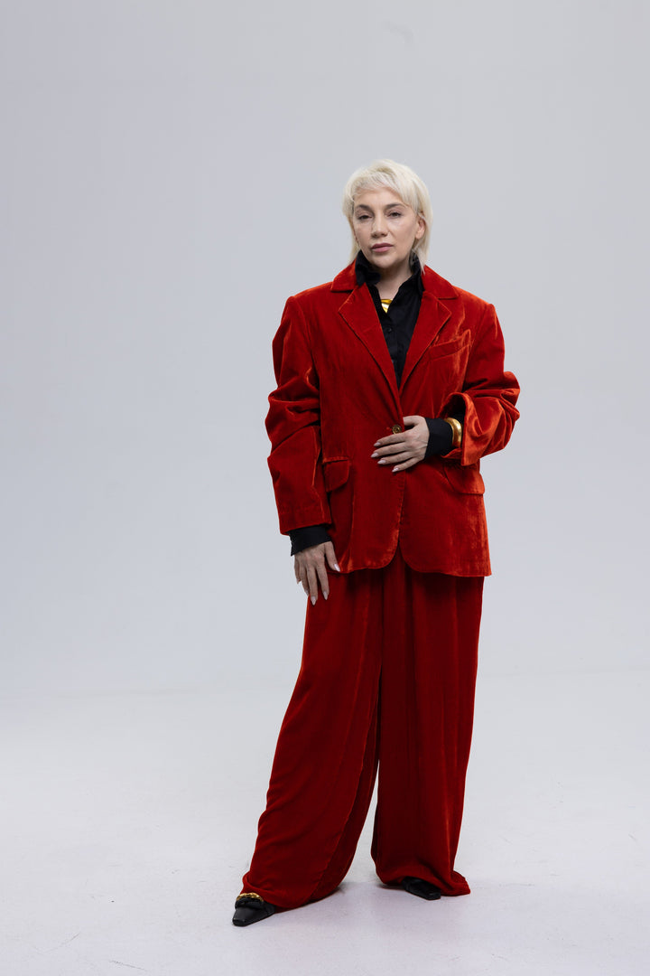 Single-Breasted Mulberry Silk Velvet Trousers Ensemble