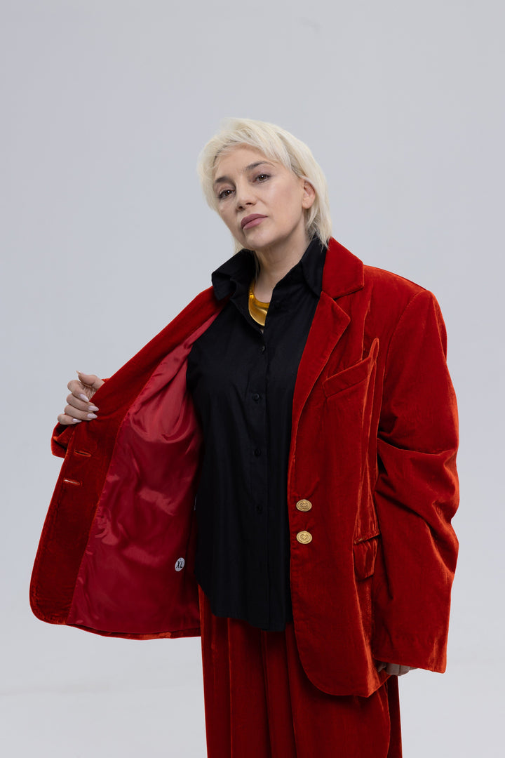 Single-Breasted Mulberry Silk Velvet Trousers Ensemble