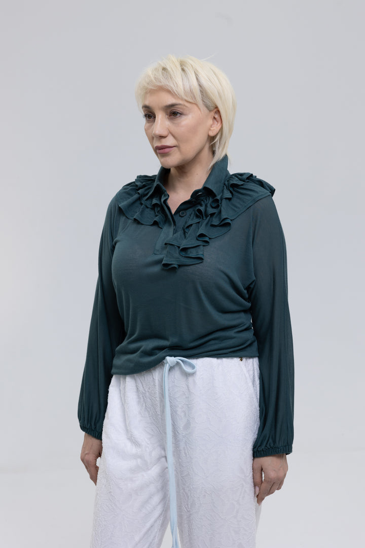 Silk Modal Jersey Knit Ruffle Polo Blouse