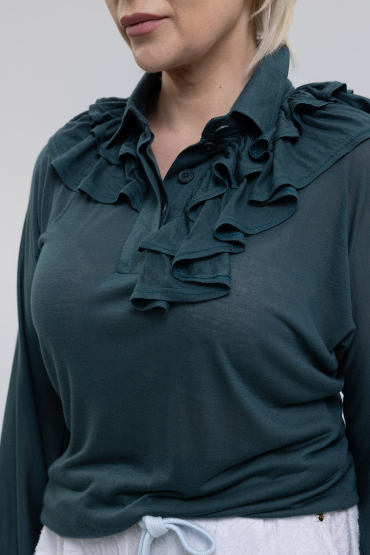 Silk Modal Jersey Knit Ruffle Polo Blouse