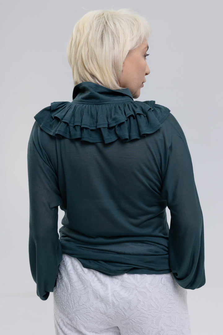 Silk Modal Jersey Knit Ruffle Polo Blouse