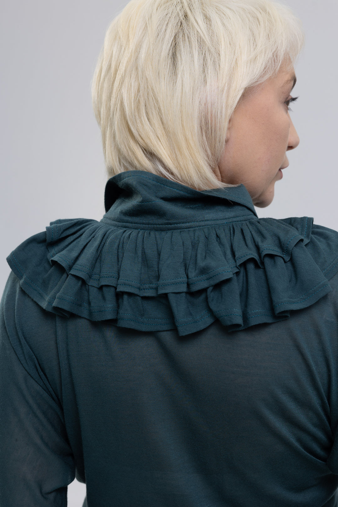 Silk Modal Jersey Knit Ruffle Polo Blouse