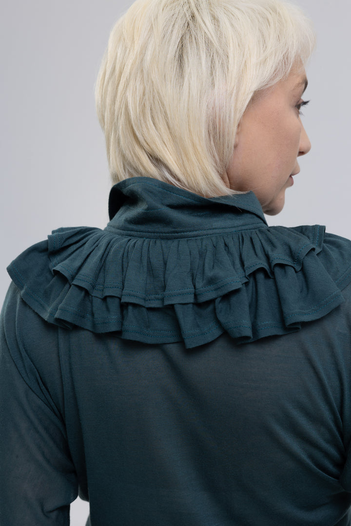 Silk Modal Jersey Knit Ruffle Polo Blouse