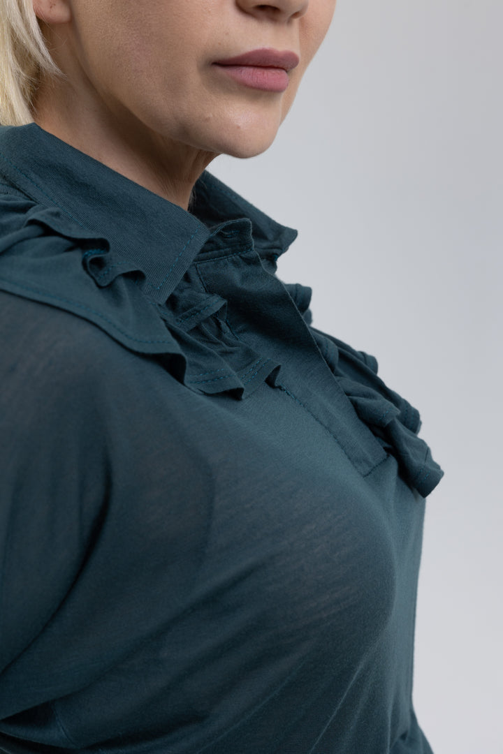 Silk Modal Jersey Knit Ruffle Polo Blouse