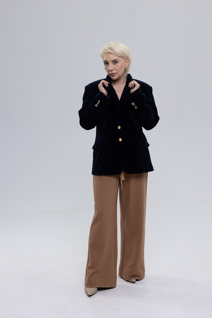 Cotton Velvet Sharp Shoulder Straight Blazer