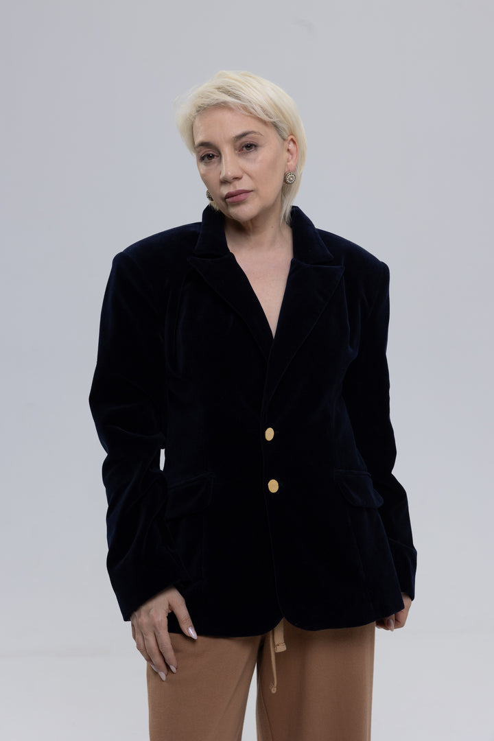 Cotton Velvet Sharp Shoulder Straight Blazer