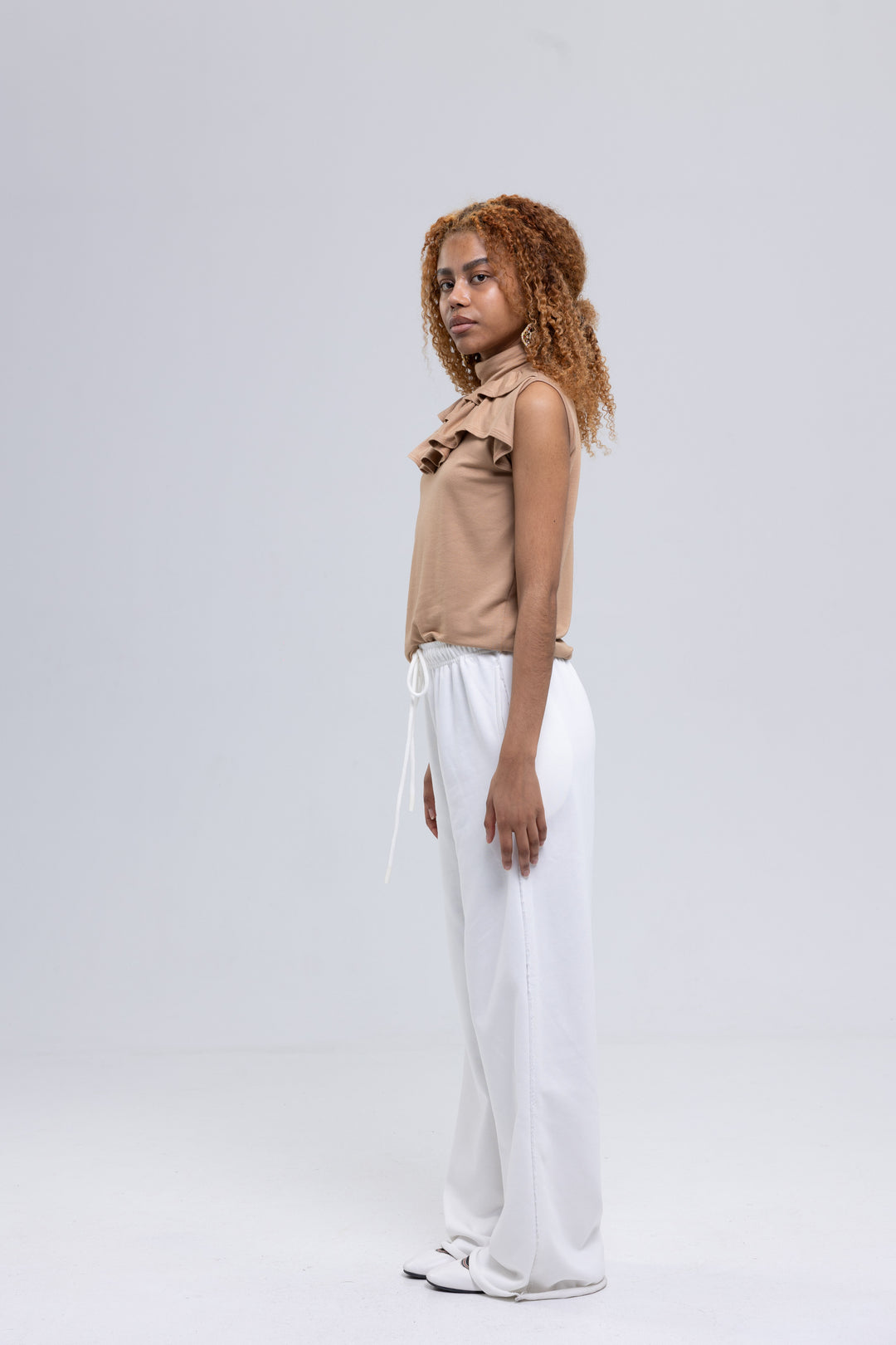 Cotton Jersey Ruffled Turtleneck Blouse