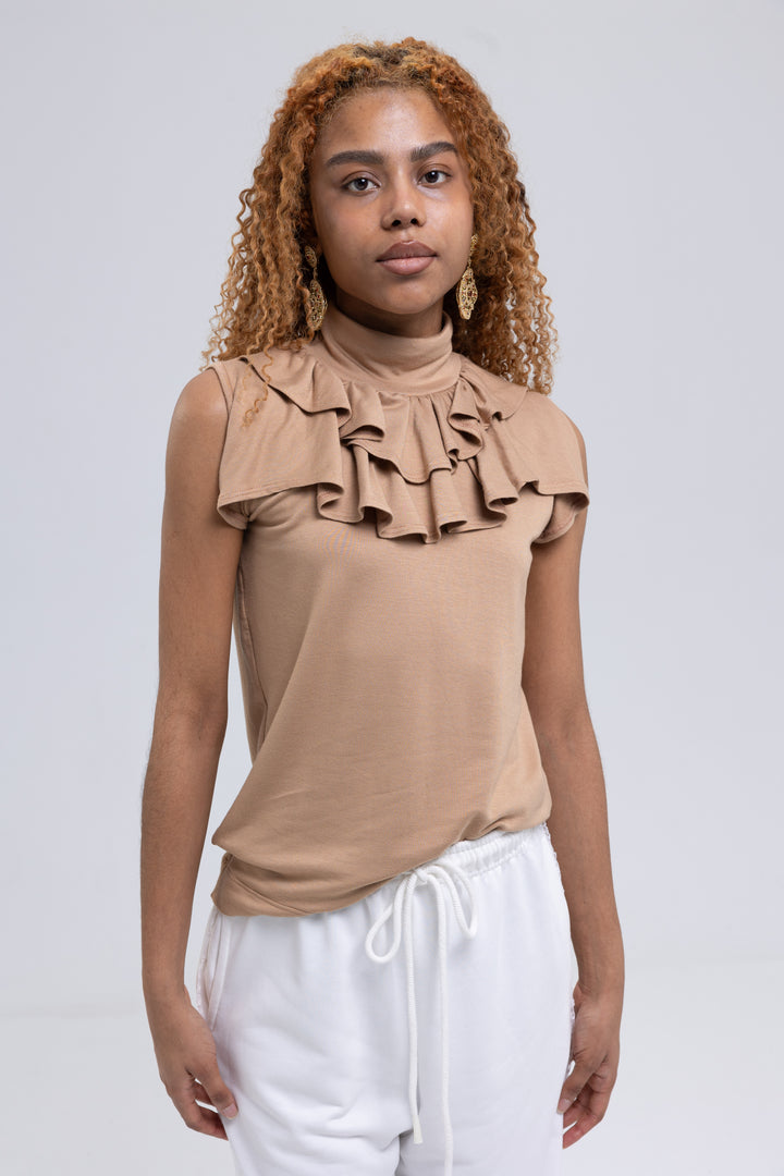 Cotton Jersey Ruffled Turtleneck Blouse