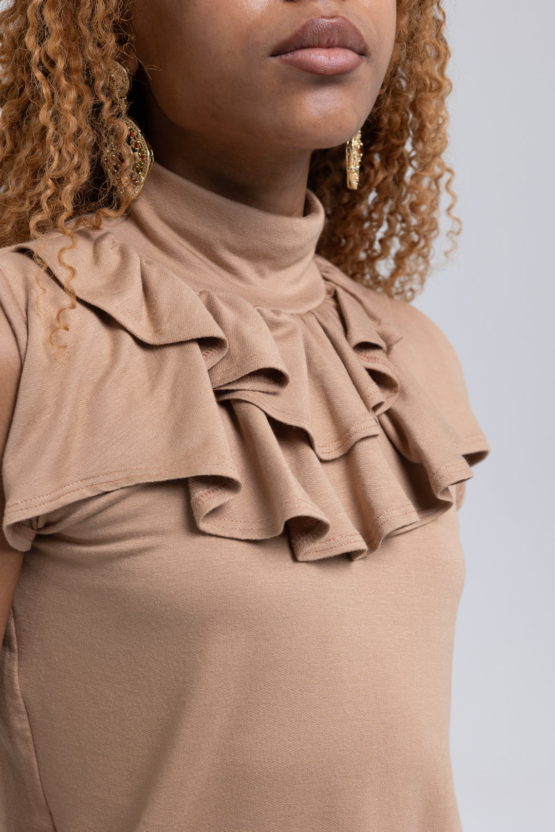 Cotton Jersey Ruffled Turtleneck Blouse